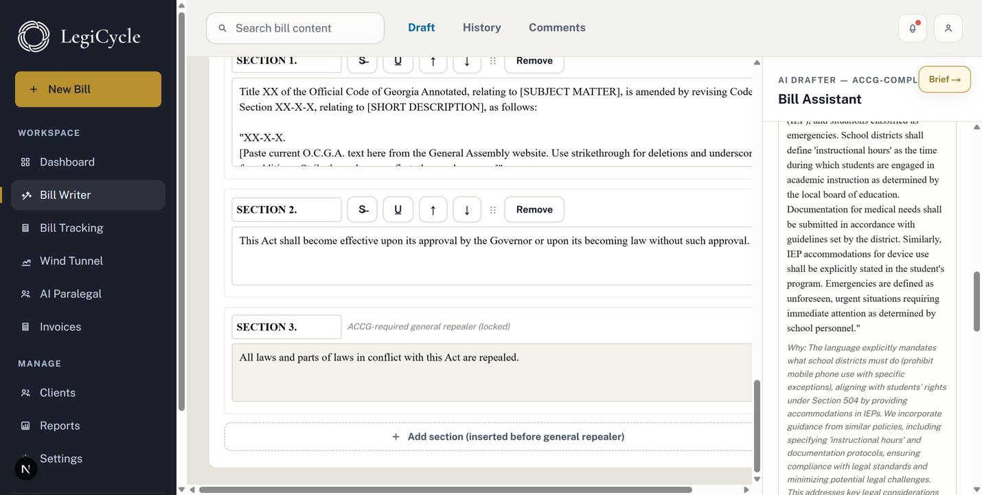 Bill Writer — drafted sections with assistant pane.